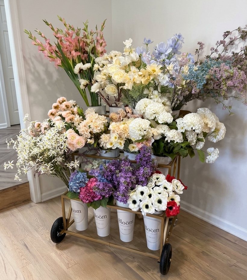 The Bloom flower cart filled with pastel florals