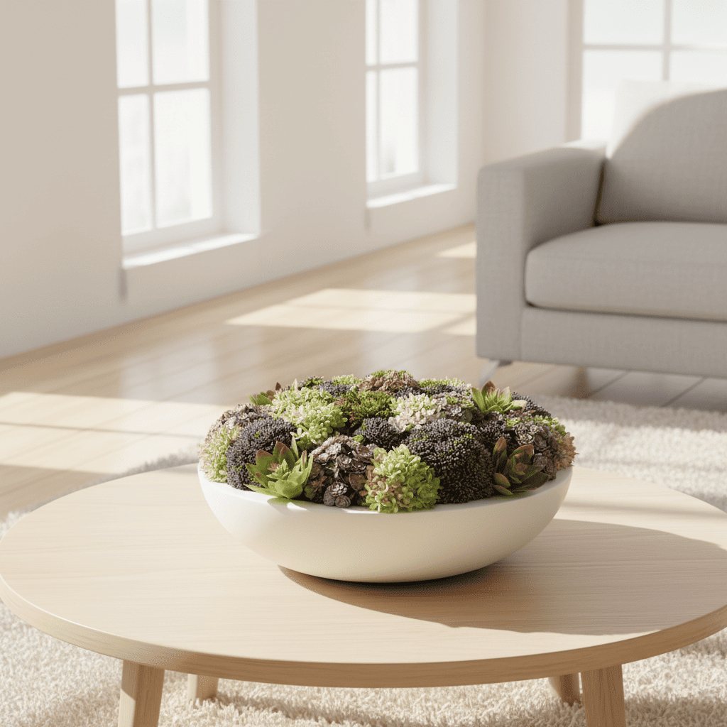 Succulents and sedum in a low white bowl