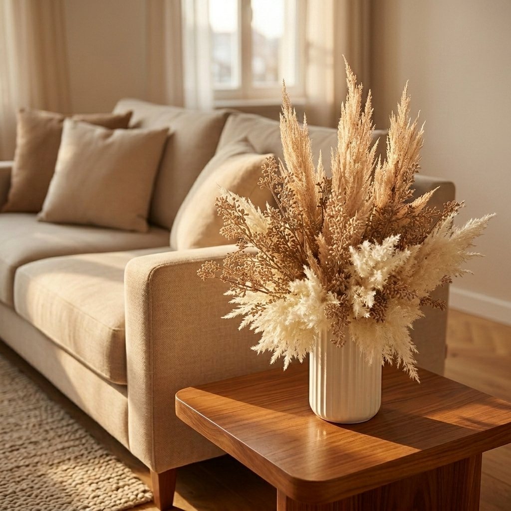 Pampas and dried plumes in a fluted cream vase
