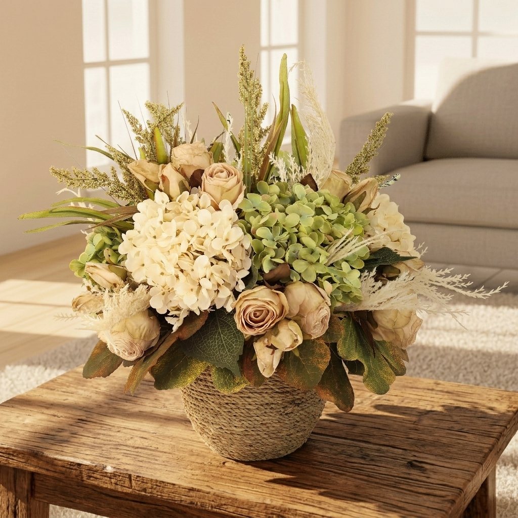 Roses, hydrangea and grasses in a woven basket