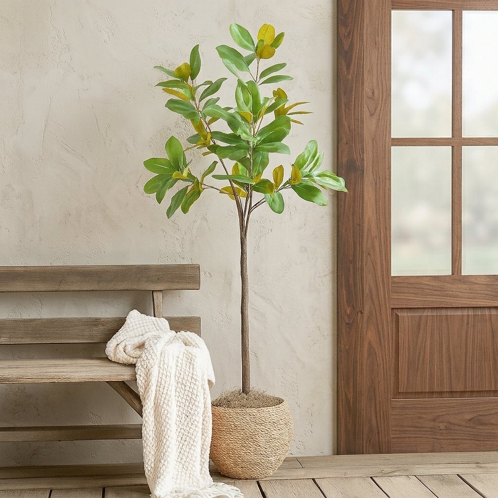 Potted laurel tree in a woven basket