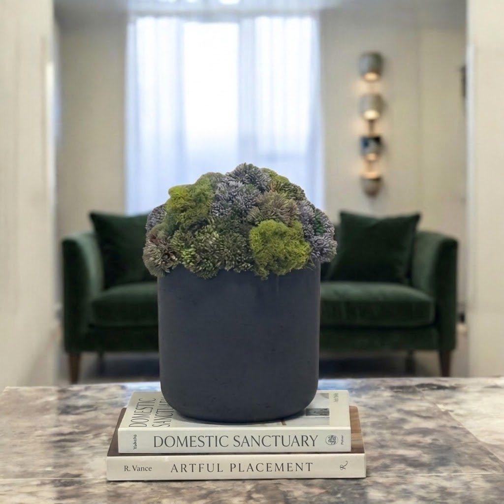 Moss and sedum in a charcoal stone pot